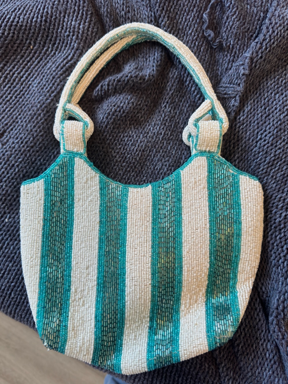 Beaded Stripe Shoulder Bag in Teal and Cream